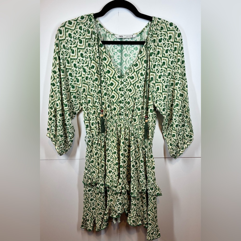 Zara Printed Boho Peasant Dress Tassel Tie Smocked Waist Tiered Mini Size XS